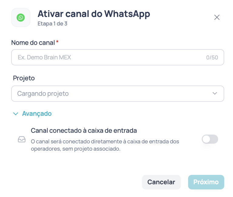 Janela Ativar canal do WhatsApp