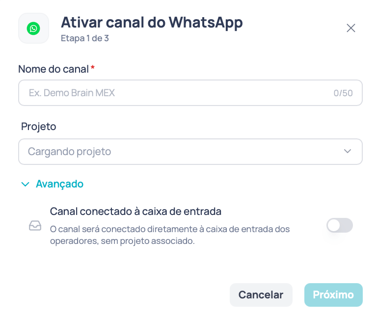 Janela Ativar canal do WhatsApp