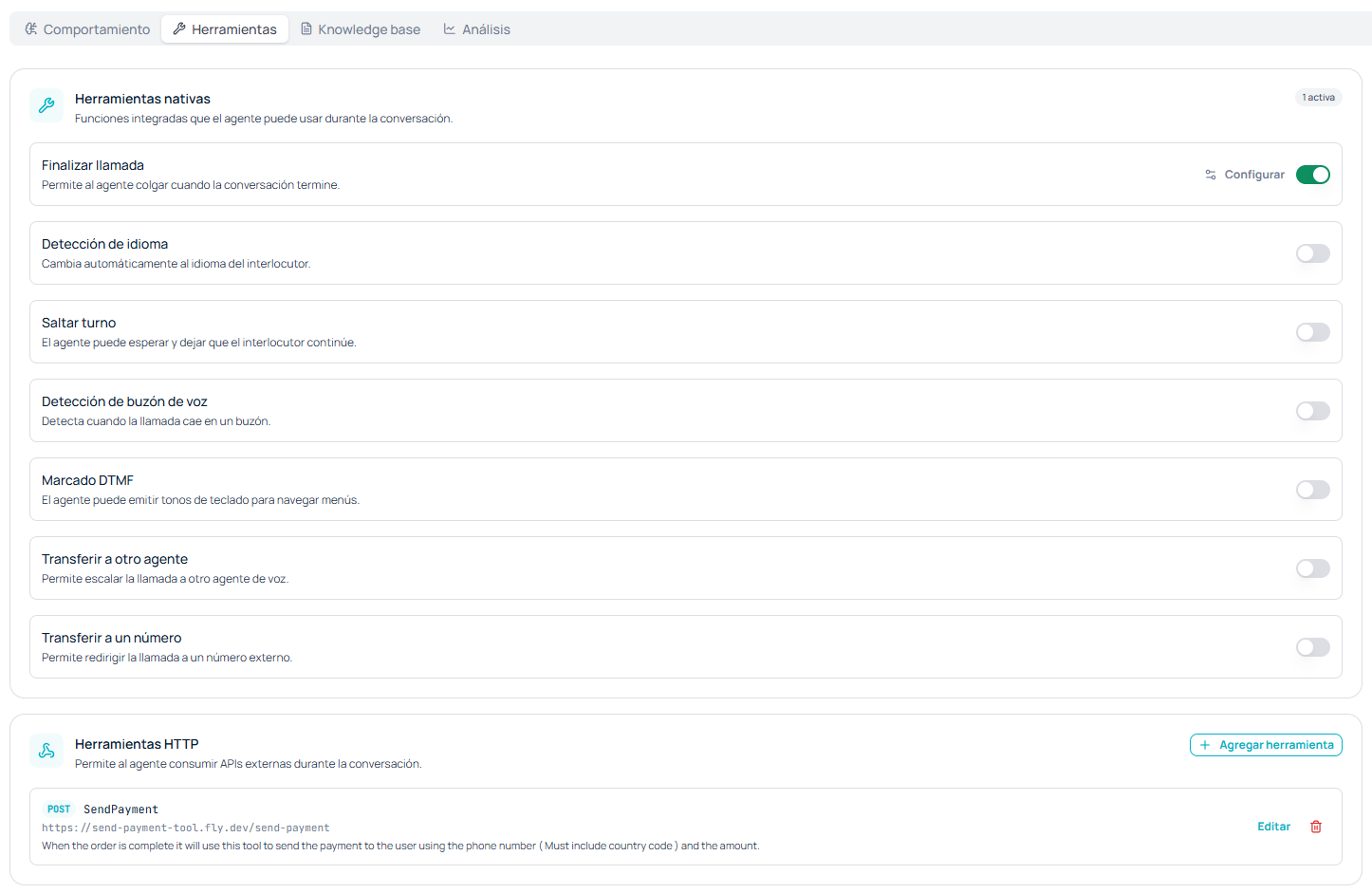 Lista de herramientas nativas con sus interruptores y, debajo, la sección de herramientas HTTP con una herramienta configurada