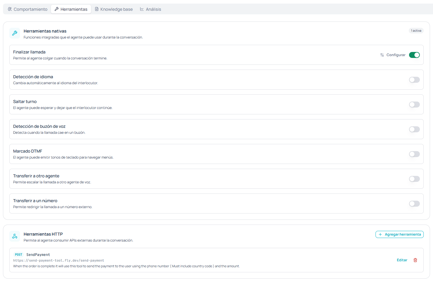 Lista de herramientas nativas con sus interruptores y, debajo, la sección de herramientas HTTP con una herramienta configurada