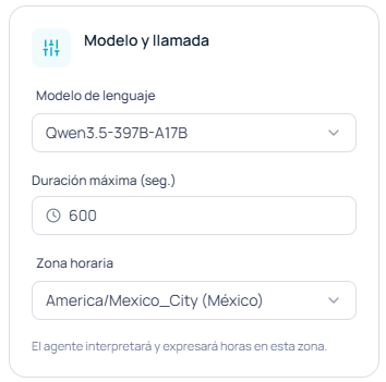 Panel con el selector de Modelo de lenguaje, el campo Duración máxima en segundos y el selector de Zona horaria