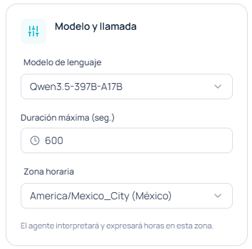 Panel con el selector de Modelo de lenguaje, el campo Duración máxima en segundos y el selector de Zona horaria
