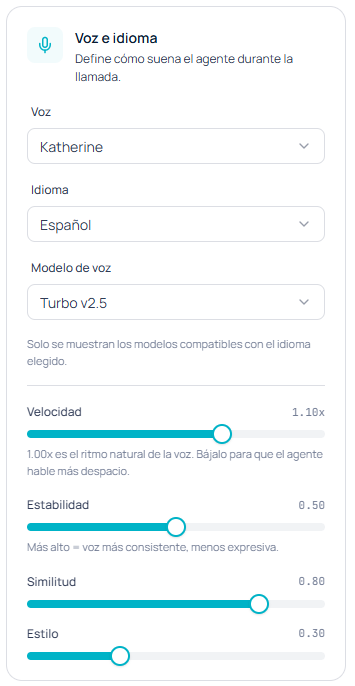 Panel con los selectores de Voz, Idioma y Modelo de voz, y los controles de Velocidad, Estabilidad, Similitud y Estilo