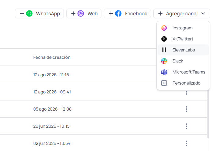 Menú Agregar canal desplegado mostrando Instagram, X (Twitter), ElevenLabs, Slack, Microsoft Teams y Personalizado, junto a los canales de WhatsApp, Web y Facebook