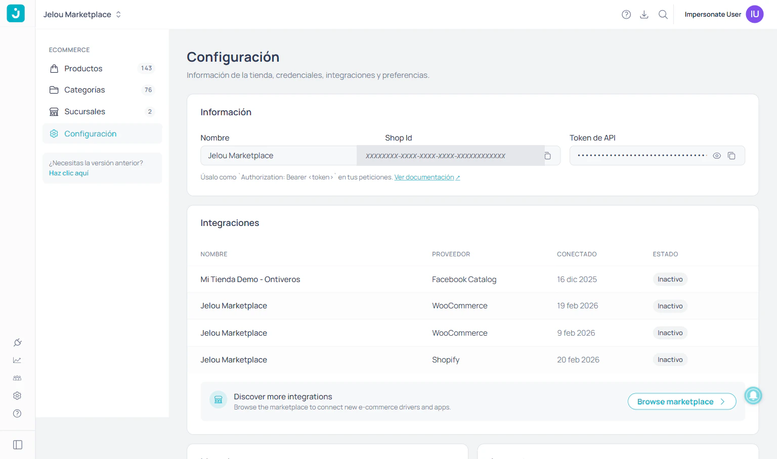 Settings screen with information, integrations, currency, and taxes