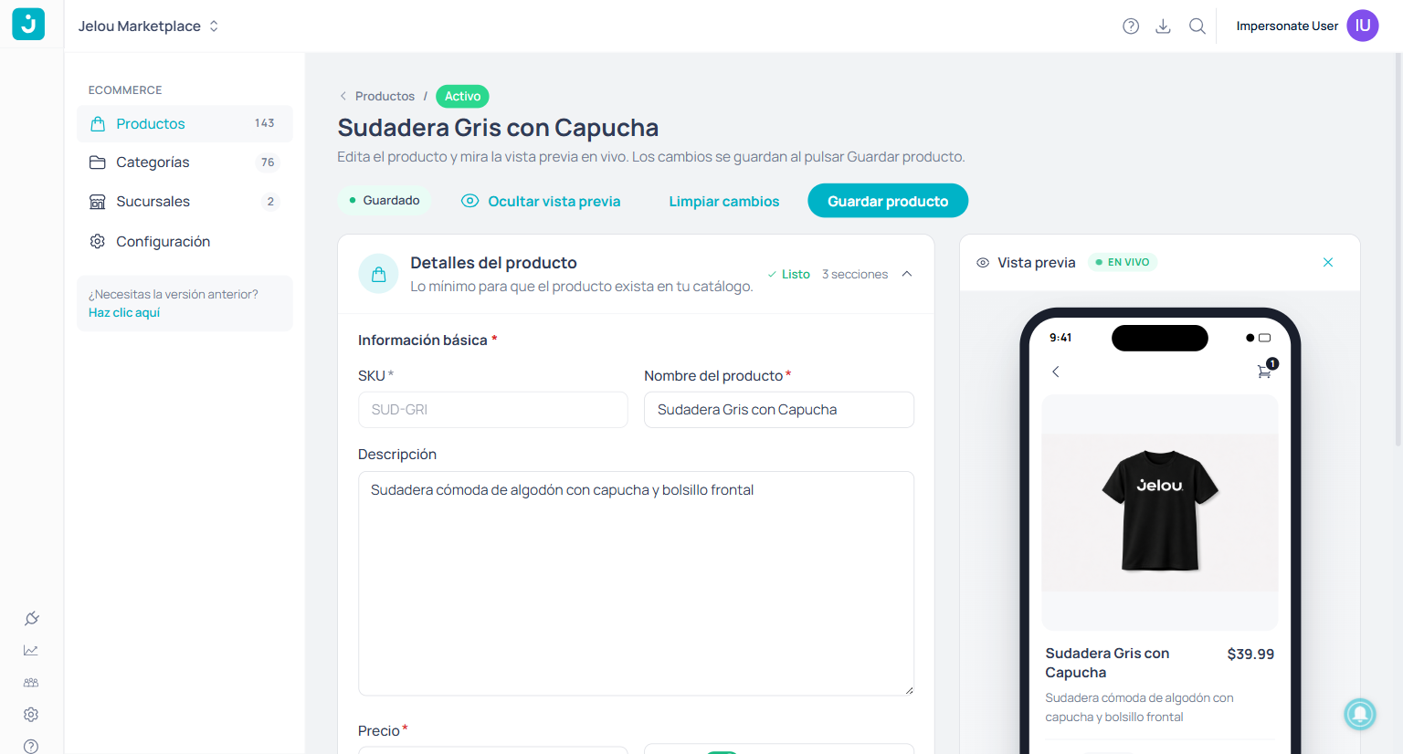 Product detail with live preview