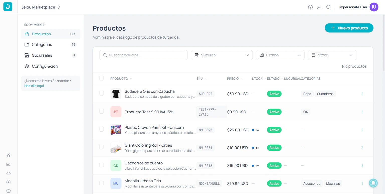Product list in Shop Admin with filters and search