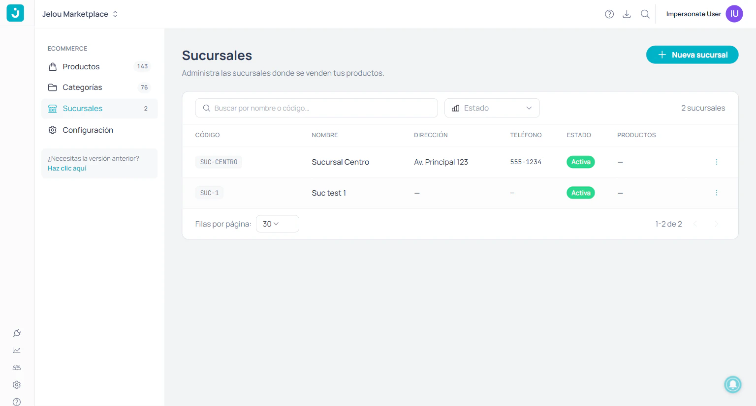 Branch list with code, name, address, and status