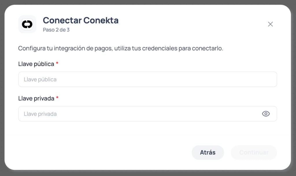 Modal de Brain Studio paso 2 de 3 para ingresar la llave pública y la llave privada de Conekta