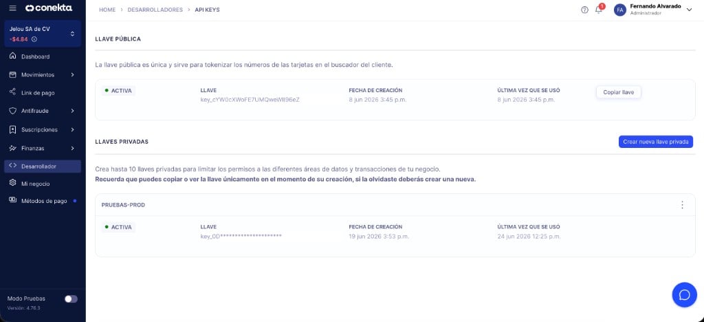 Pantalla de API Keys de producción de Conekta mostrando la llave pública y el botón Crear nueva llave privada