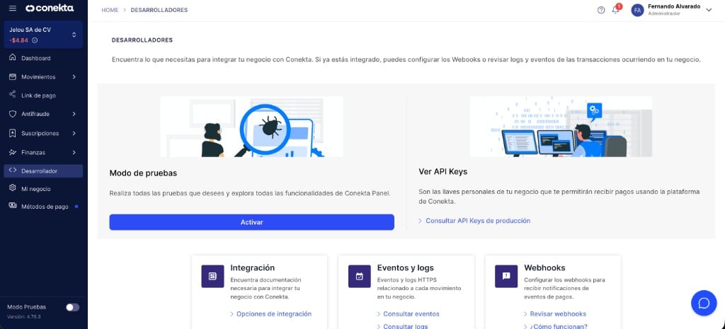 Panel de Conekta con modo prueba desactivado y la sección Desarrolladores visible