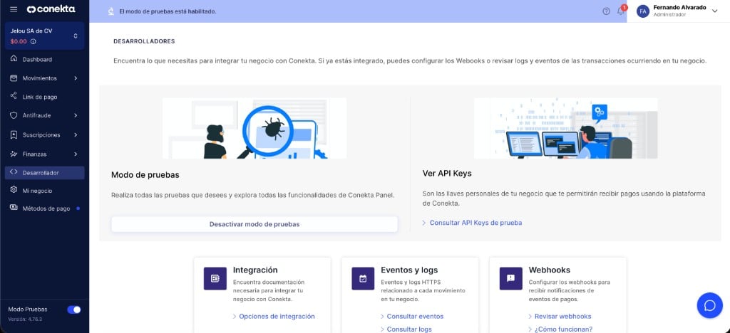 Panel de Conekta con modo prueba activo, sección Desarrolladores visible y tarjeta Webhooks al final