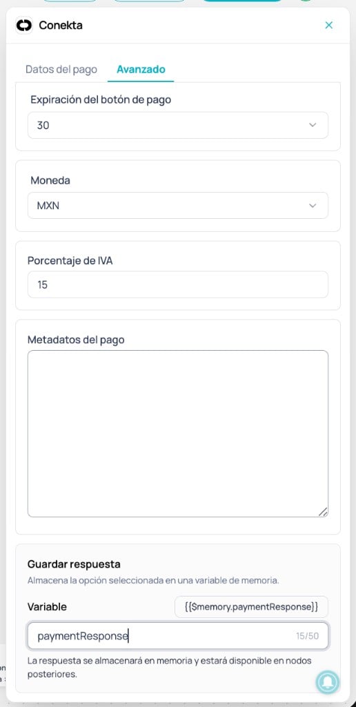 Panel lateral del nodo Conekta mostrando la pestaña Avanzado con expiración del botón, moneda MXN, IVA, metadatos y guardar respuesta