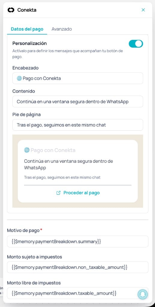 Panel lateral del nodo Conekta en la pestaña Datos del pago con Personalización activa, campos Encabezado, Contenido, Pie de página, vista previa del mensaje y montos del cobro