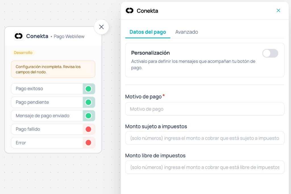 Nodo Conekta en Canvas con salidas del pago y panel lateral en la pestaña Datos del pago con Personalización desactivada
