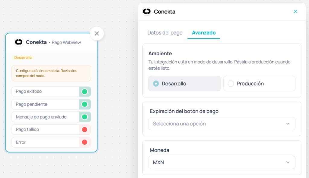 Panel lateral Avanzado del nodo Conekta en Canvas con opción para pasar la integración a producción