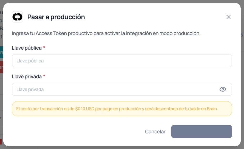 Modal de Brain Studio para pasar Conekta a producción ingresando llave pública y llave privada productivas
