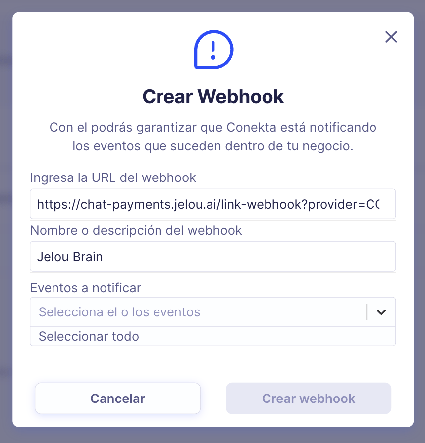Modal de Conekta para crear webhook con URL, nombre y selector de eventos