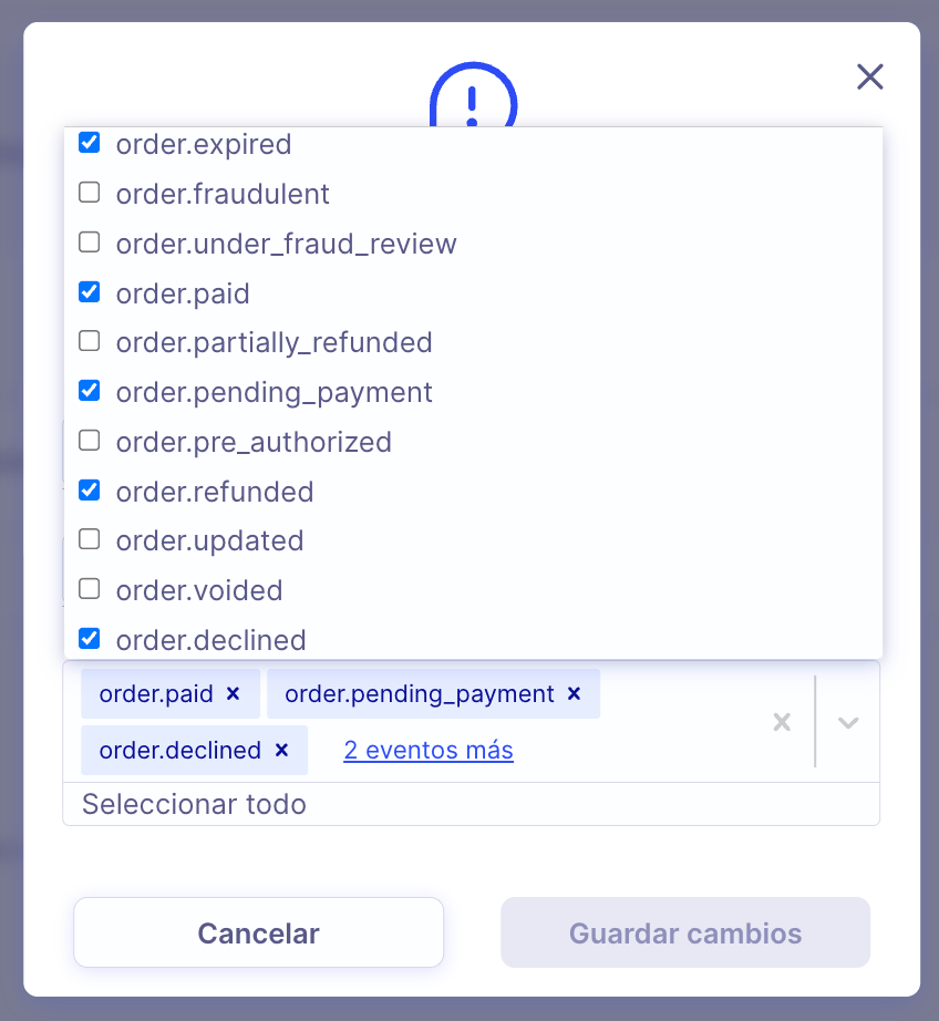 Selector de eventos del webhook de Conekta con order.expired, order.paid, order.pending_payment, order.refunded y order.declined seleccionados