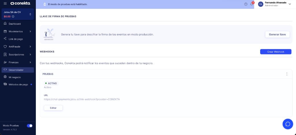 Lista de webhooks de prueba de Conekta mostrando un webhook activo con la URL de Jelou