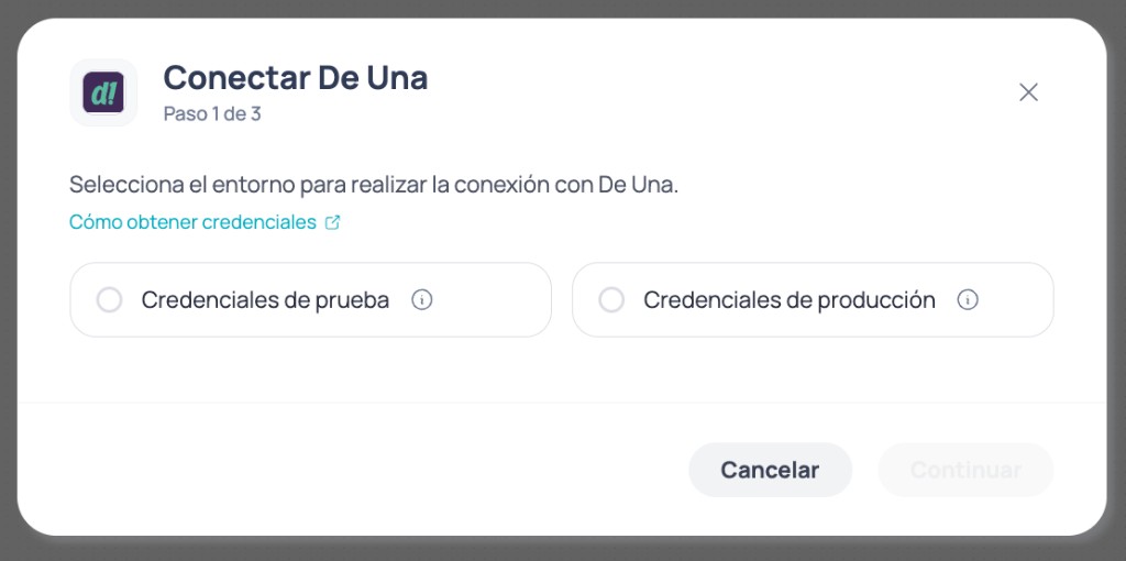 Modal Conectar Deuna passo 1 de 3 para escolher credenciais de teste ou produção