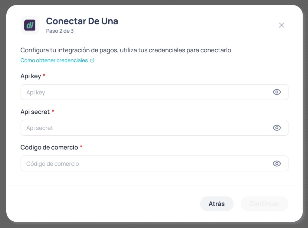 Modal Conectar Deuna passo 2 de 3 com campos Api key, Api secret e Código de comércio