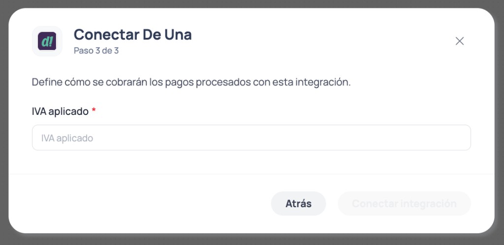 Modal Conectar Deuna passo 3 de 3 com campo IVA aplicado