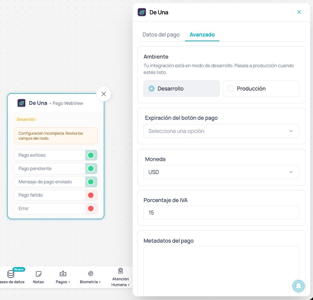 Deuna node with Advanced tab open showing environment, USD currency, and VAT