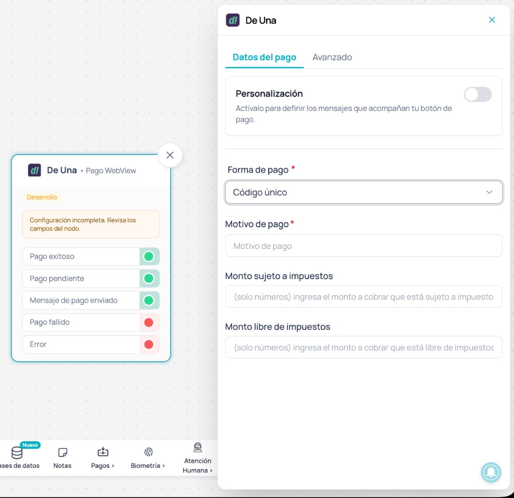 Nó Deuna com Forma de pagamento Código único selecionada em Dados do pagamento