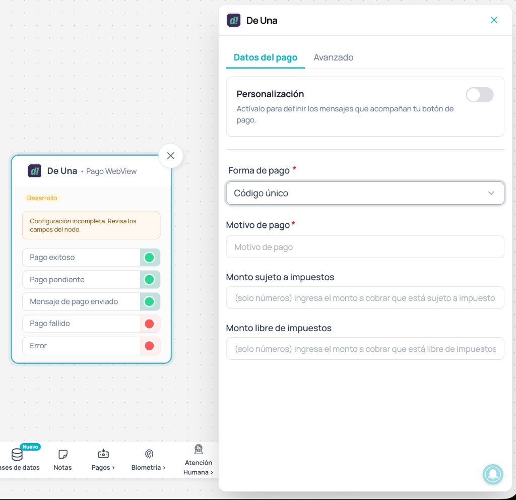 Deuna node with Unique code payment method selected in Payment data