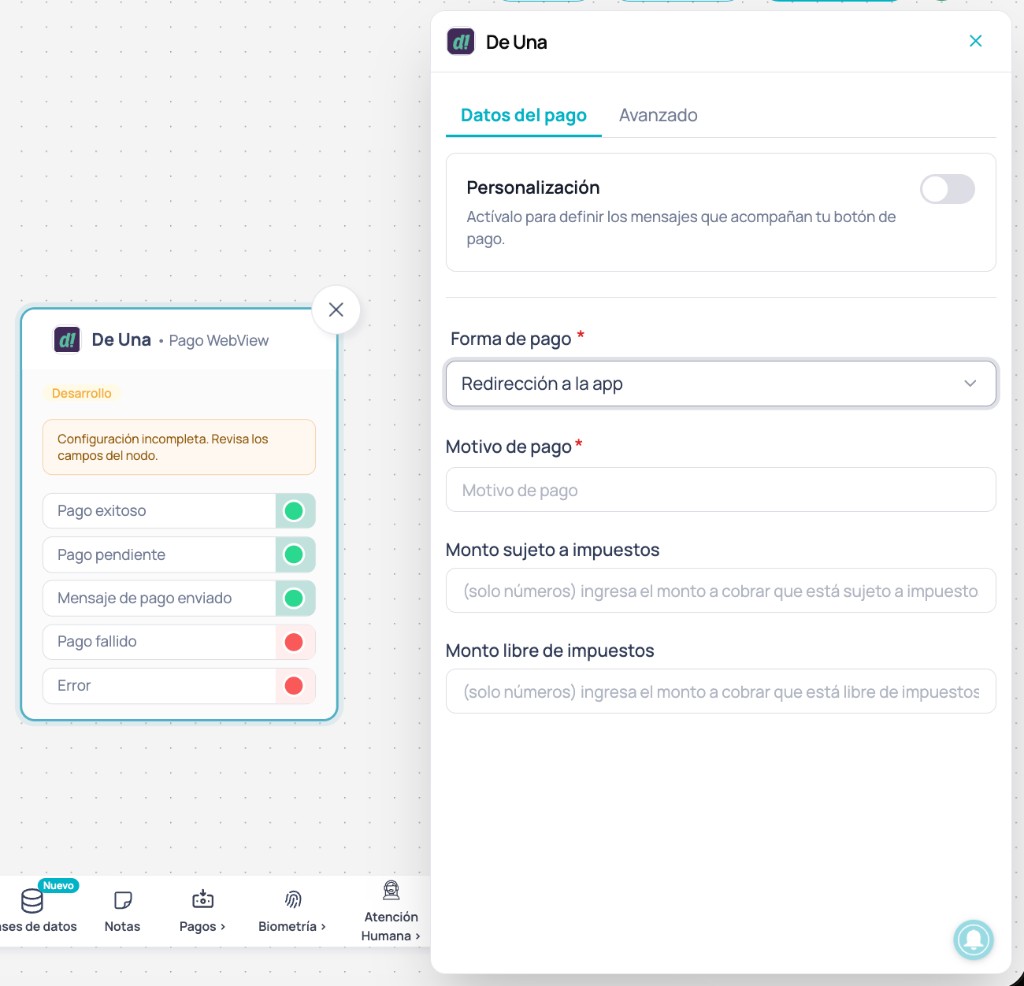 Nó Deuna com Forma de pagamento Redirecionamento para o app selecionada em Dados do pagamento