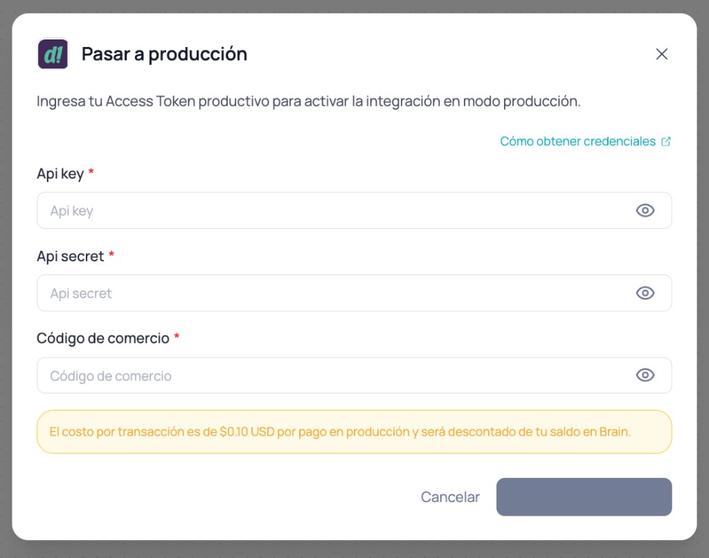 Modal Passar para produção do Deuna com Api key, Api secret e Código de comércio produtivos