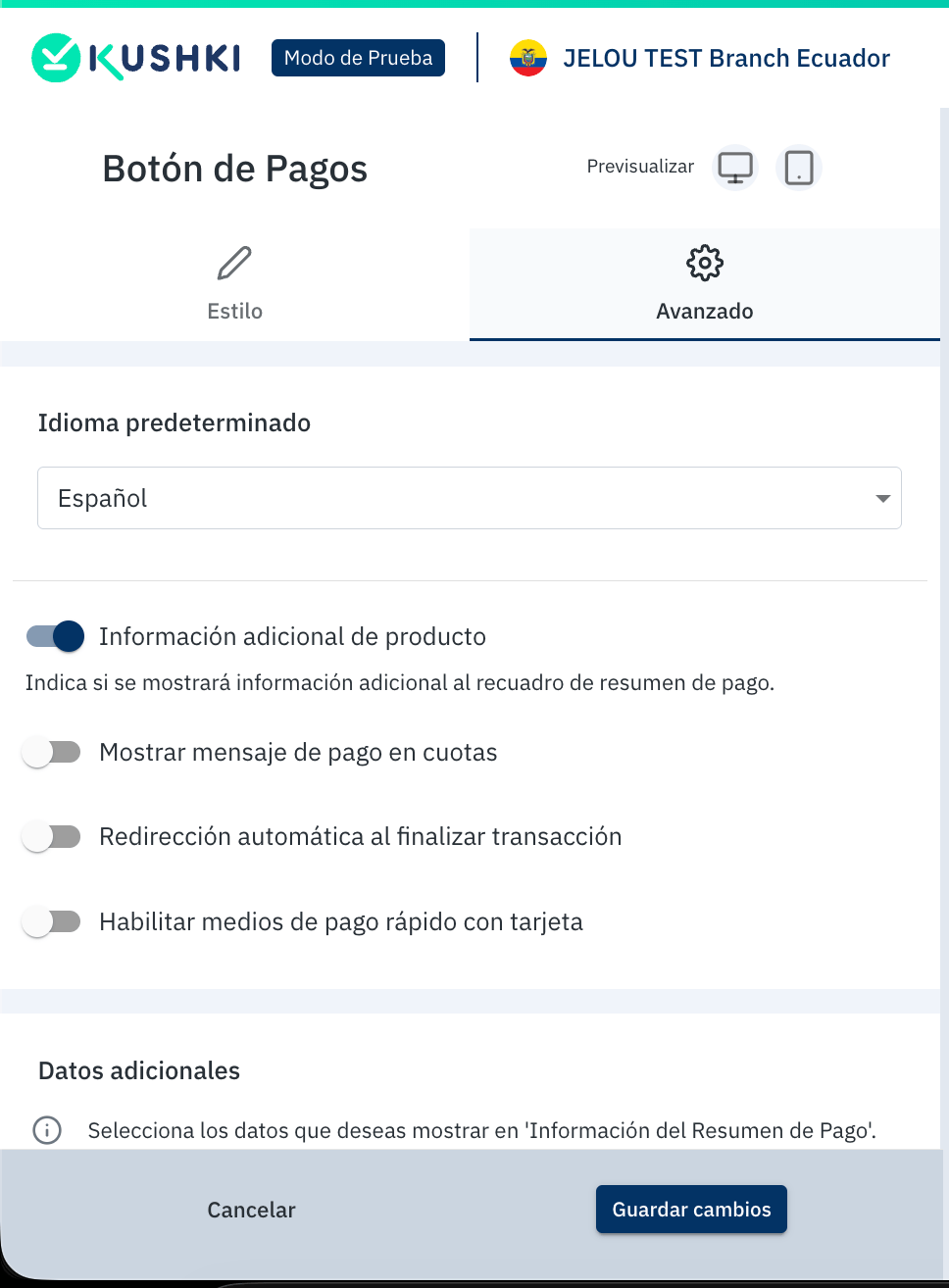Pestaña Avanzado de Botón de Pagos con Información adicional de producto activada