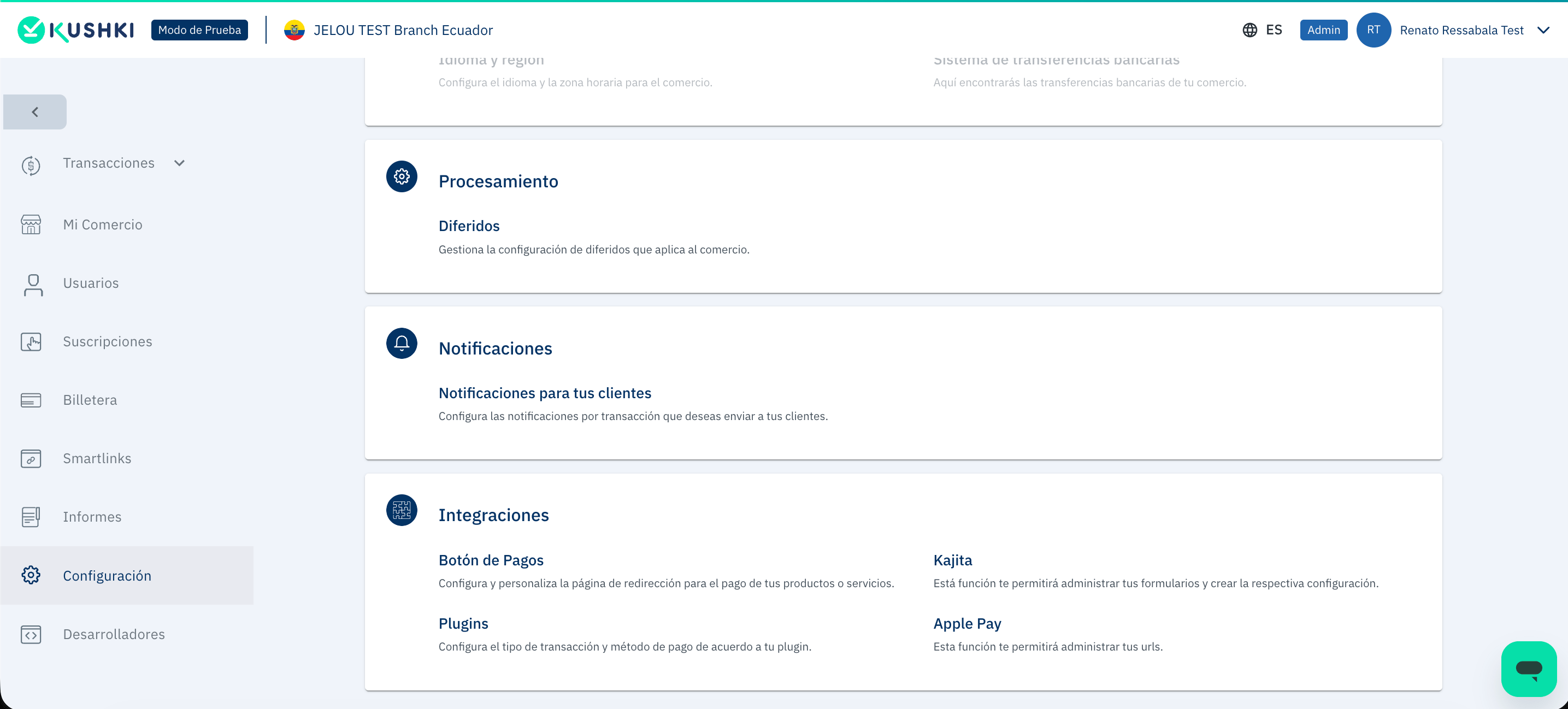 Pantalla Configuración de Kushki con la opción Botón de Pagos en Integraciones