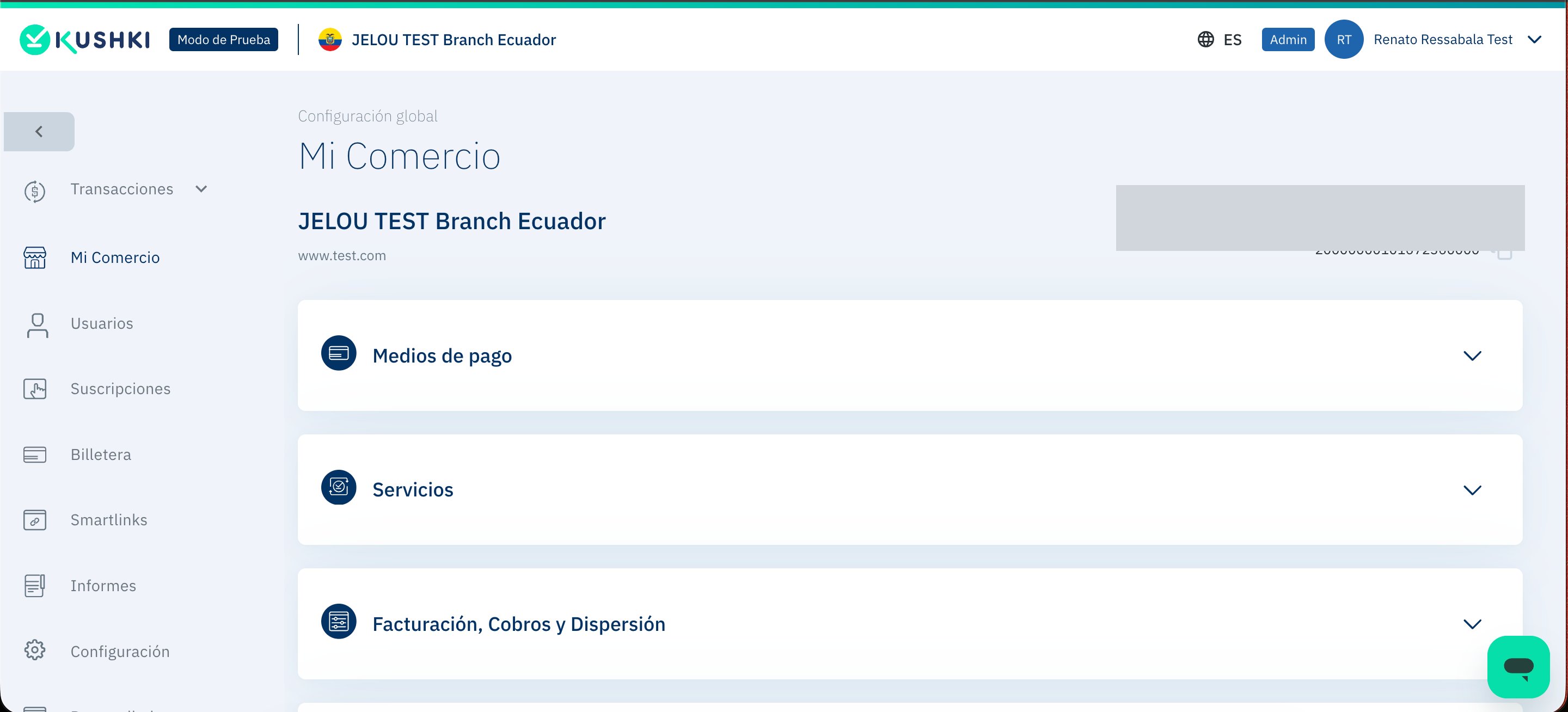 Pantalla Mi Comercio en Kushki con el ID de comercio