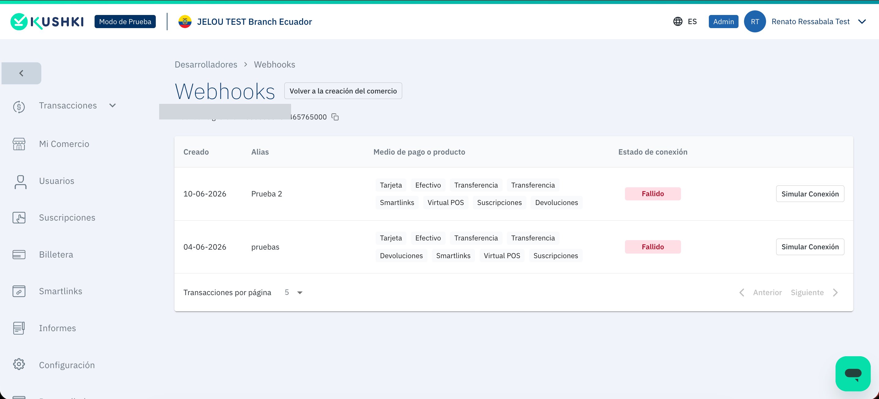 Pantalla de Webhooks en Kushki mostrando la firma de webhook