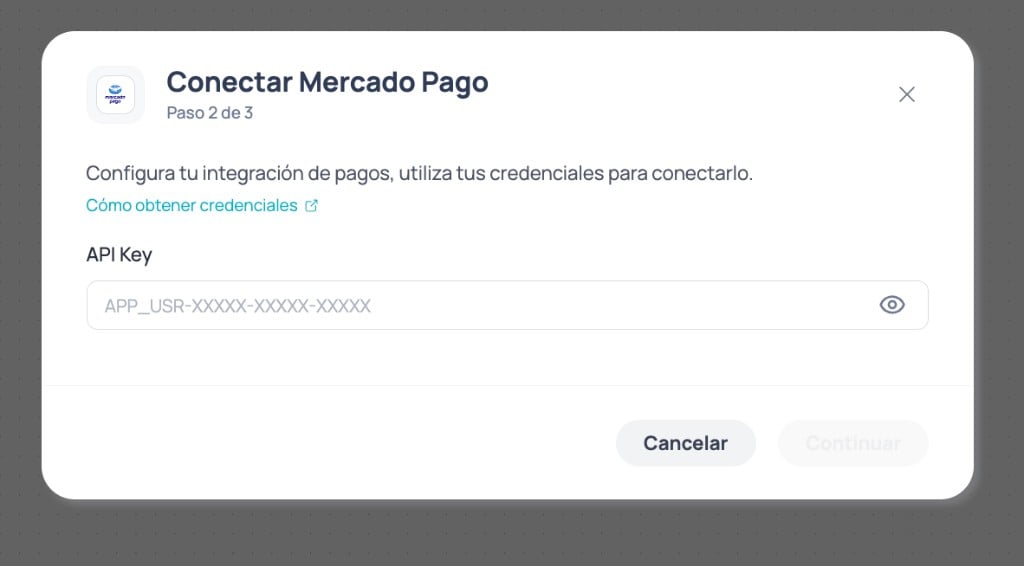 Modal Conectar Mercado Pago con campo API Key