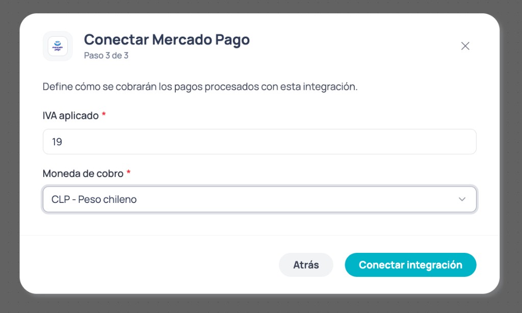 Connect Mercado Pago modal step 3 of 3 with VAT applied and Charge currency fields