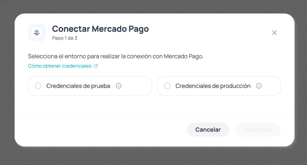 Connect Mercado Pago modal step 1 of 3 to choose between test credentials or production credentials