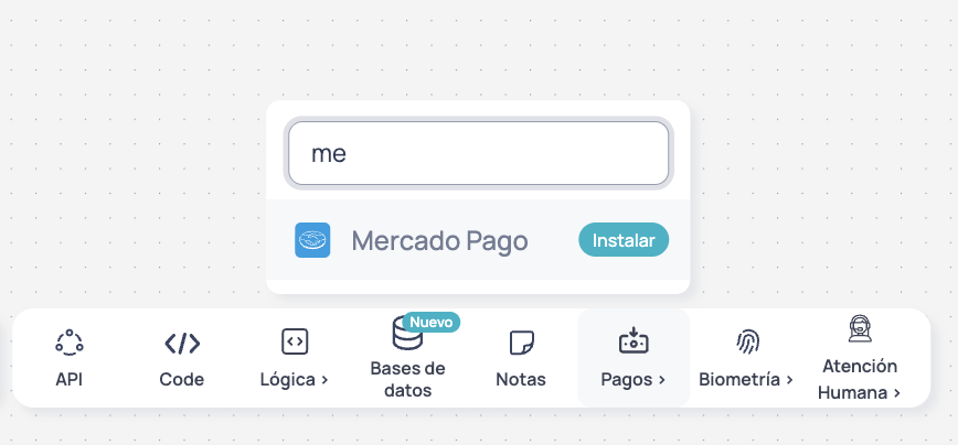 Payments node in Canvas showing Mercado Pago with the Install option