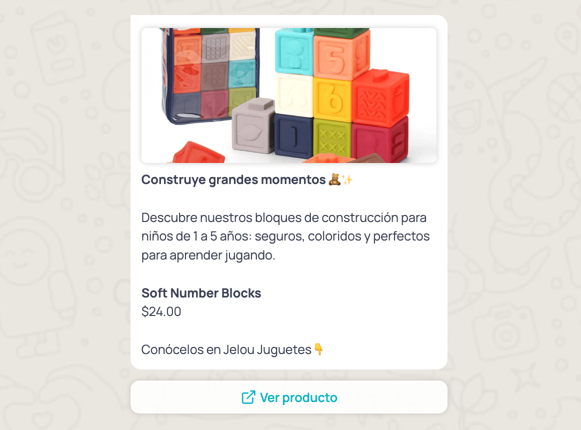 Pré-visualização de um template do Jelou Shop no WhatsApp com o formato Um único produto: imagem do produto como cabeçalho, conteúdo inicial, nome do produto em negrito com o preço, conteúdo de encerramento e botão Ver produto