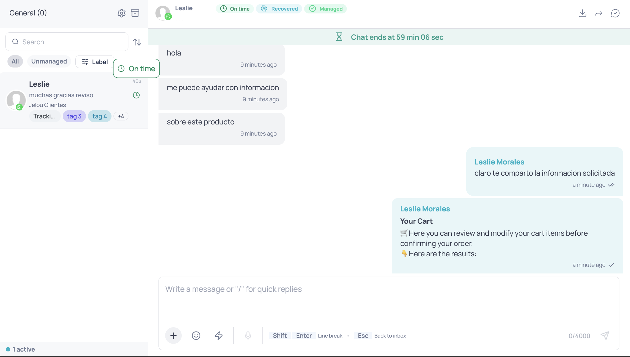 Inbox with the status icon next to the conversation in the chat list, its On time label on hover, and the same status as a chip in the header of the open conversation