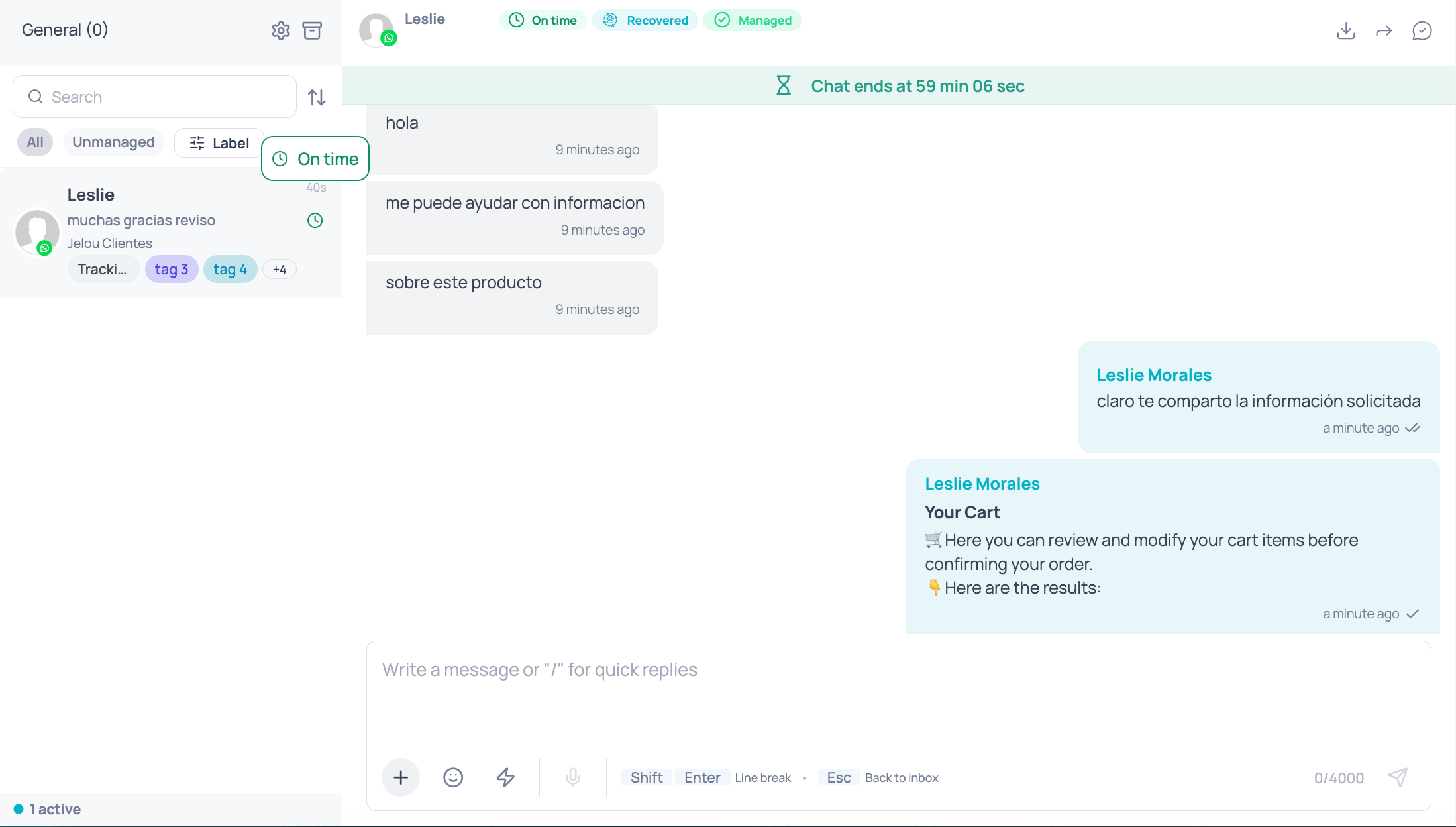 Inbox with the status icon next to the conversation in the chat list, its On time label on hover, and the same status as a chip in the header of the open conversation