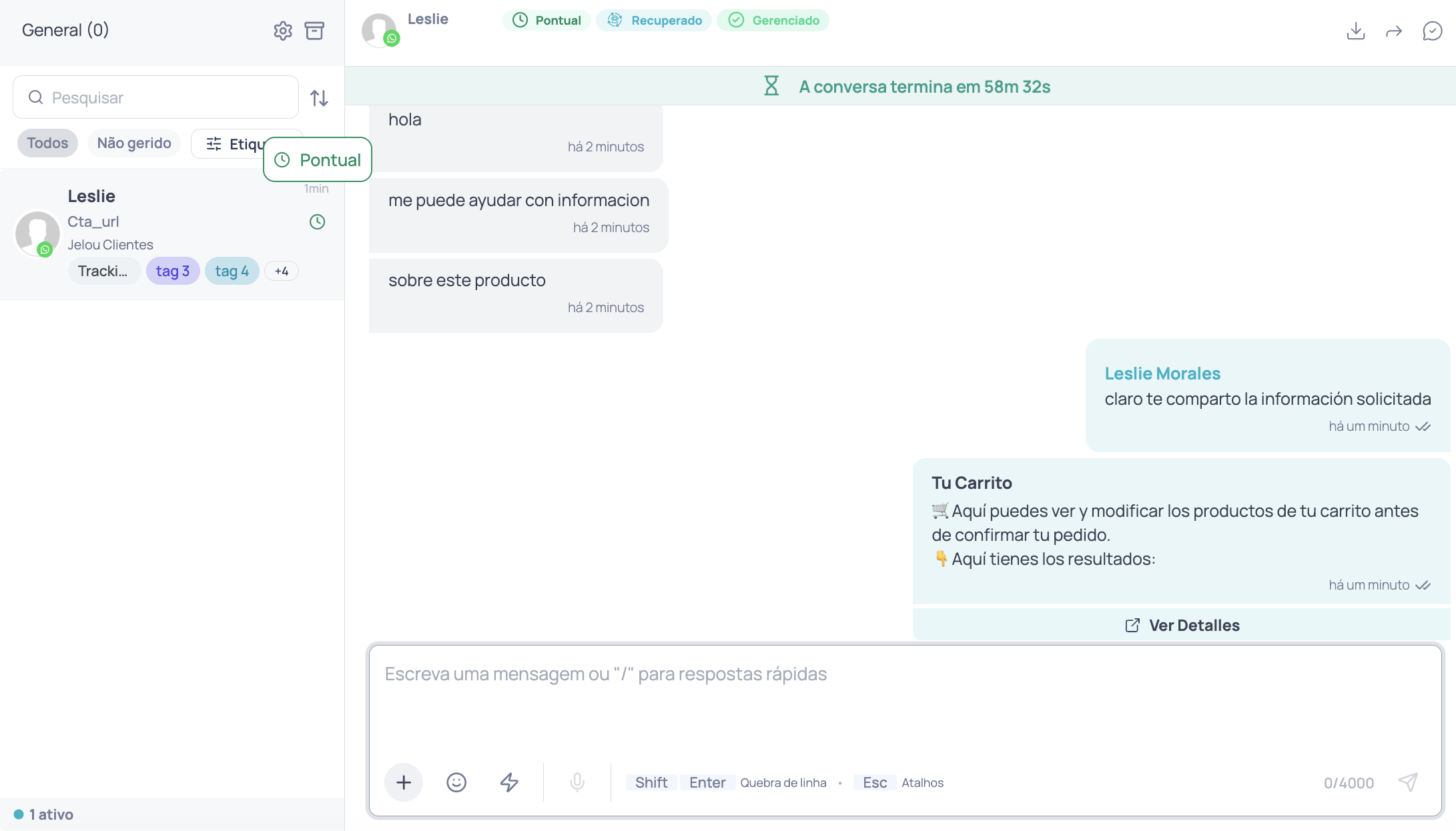 Inbox com o ícone de estado ao lado da conversa na lista de chats, o rótulo Pontual ao passar o cursor, e o mesmo estado como chip no cabeçalho da conversa aberta