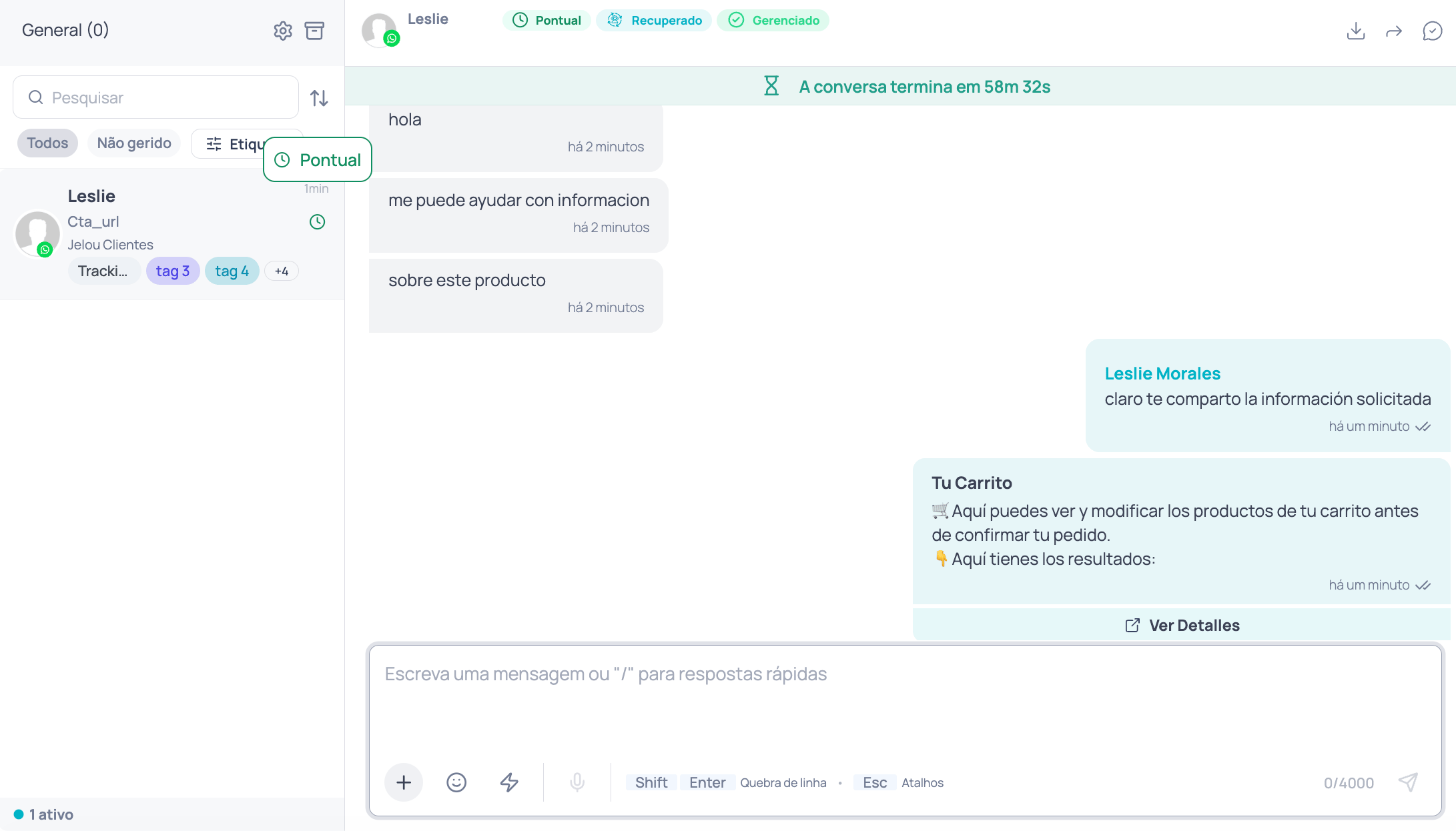 Inbox com o ícone de estado ao lado da conversa na lista de chats, o rótulo Pontual ao passar o cursor, e o mesmo estado como chip no cabeçalho da conversa aberta