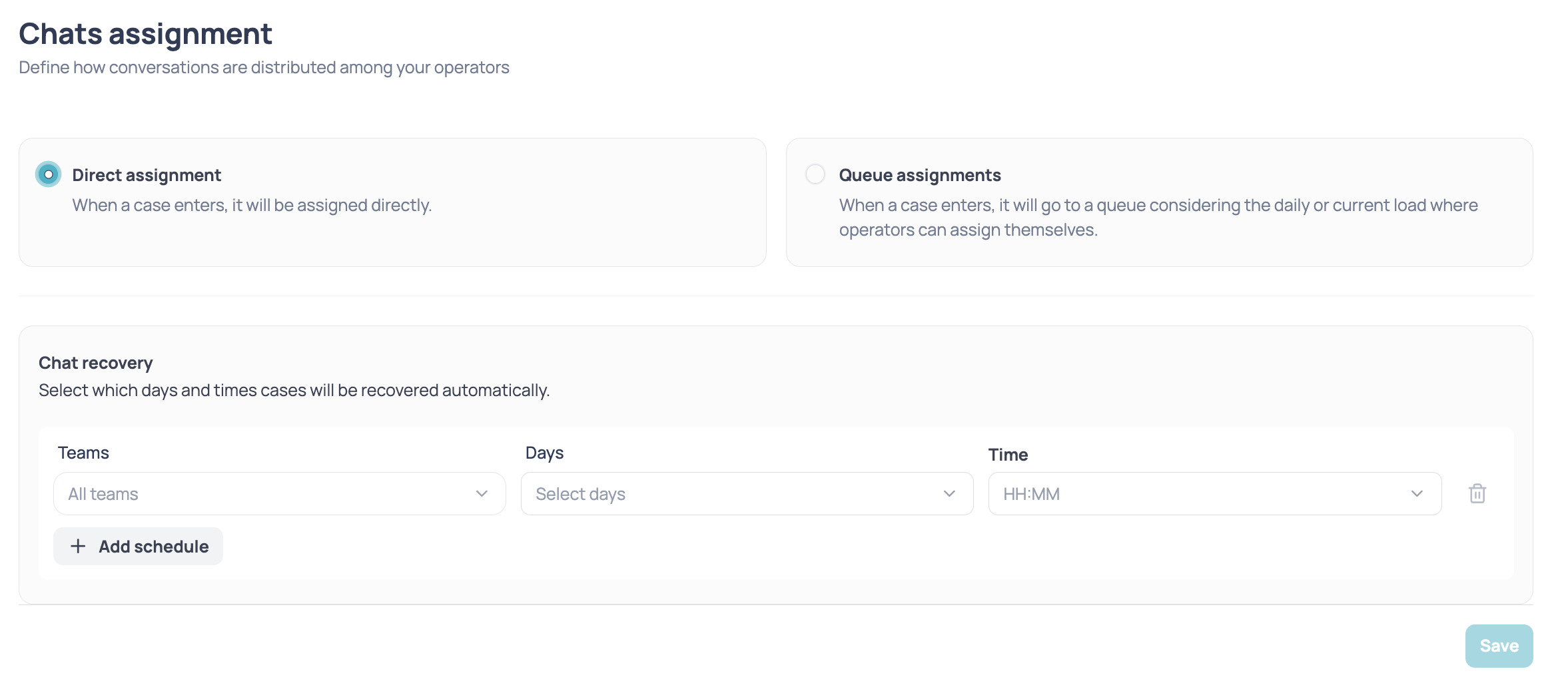 Chats assignment screen with Direct assignment selected and the Chat recovery section with the Teams, Days and Time fields