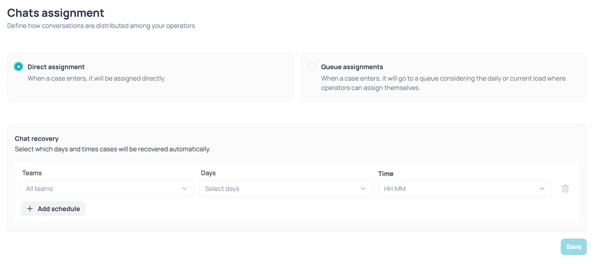 Chats assignment screen with Direct assignment selected and the Chat recovery section with the Teams, Days and Time fields