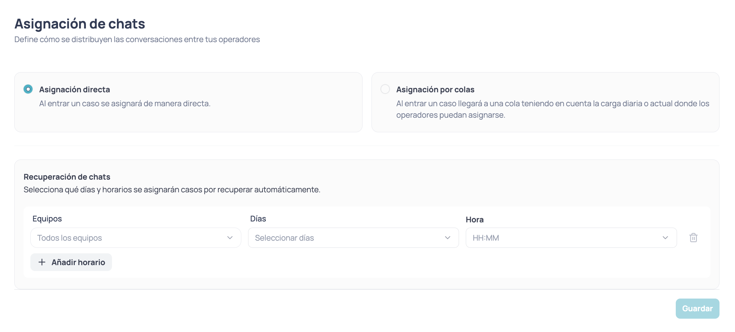 Pantalla Asignación de chats con Asignación directa seleccionada y la sección Recuperación de chats con los campos Equipos, Días y Hora