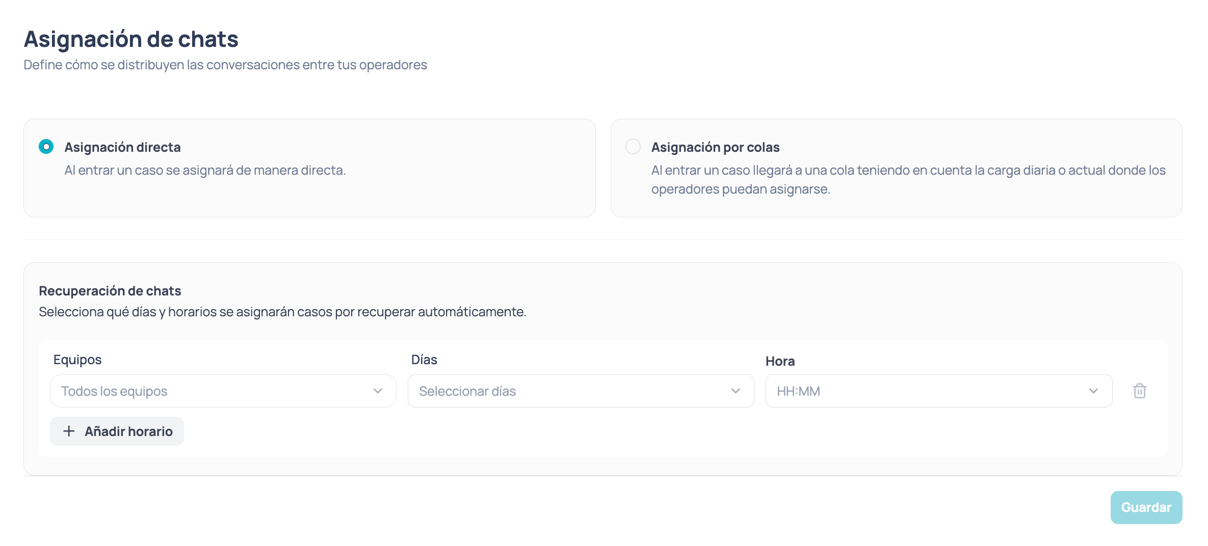 Pantalla Asignación de chats con Asignación directa seleccionada y la sección Recuperación de chats con los campos Equipos, Días y Hora