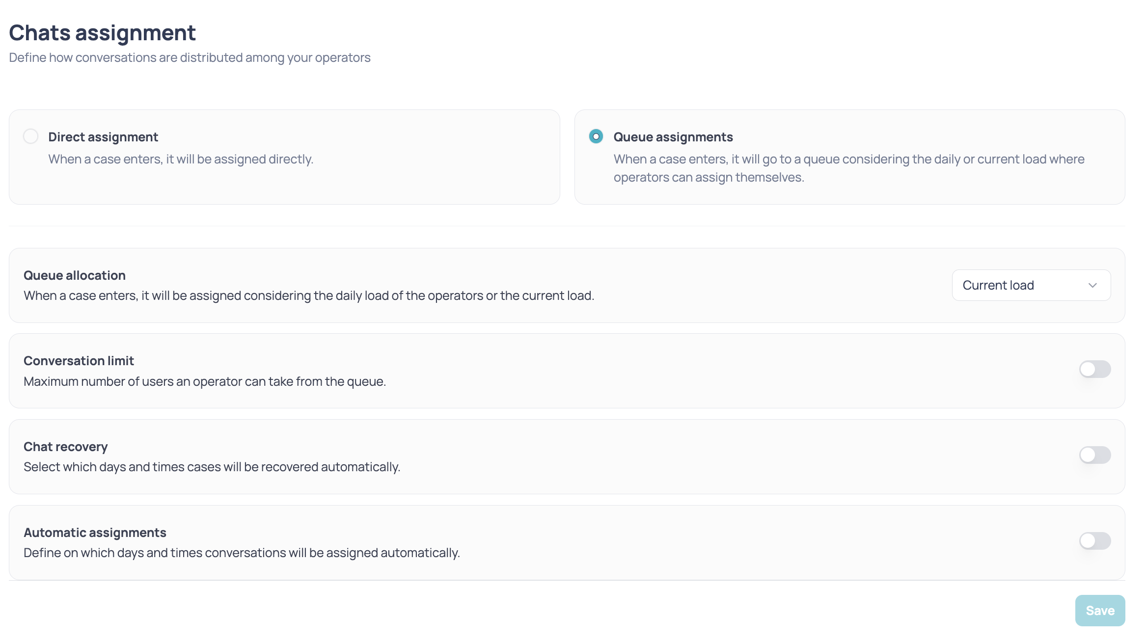Chats assignment screen with Queue assignments selected and the Queue allocation, Conversation limit, Chat recovery and Automatic assignments sections